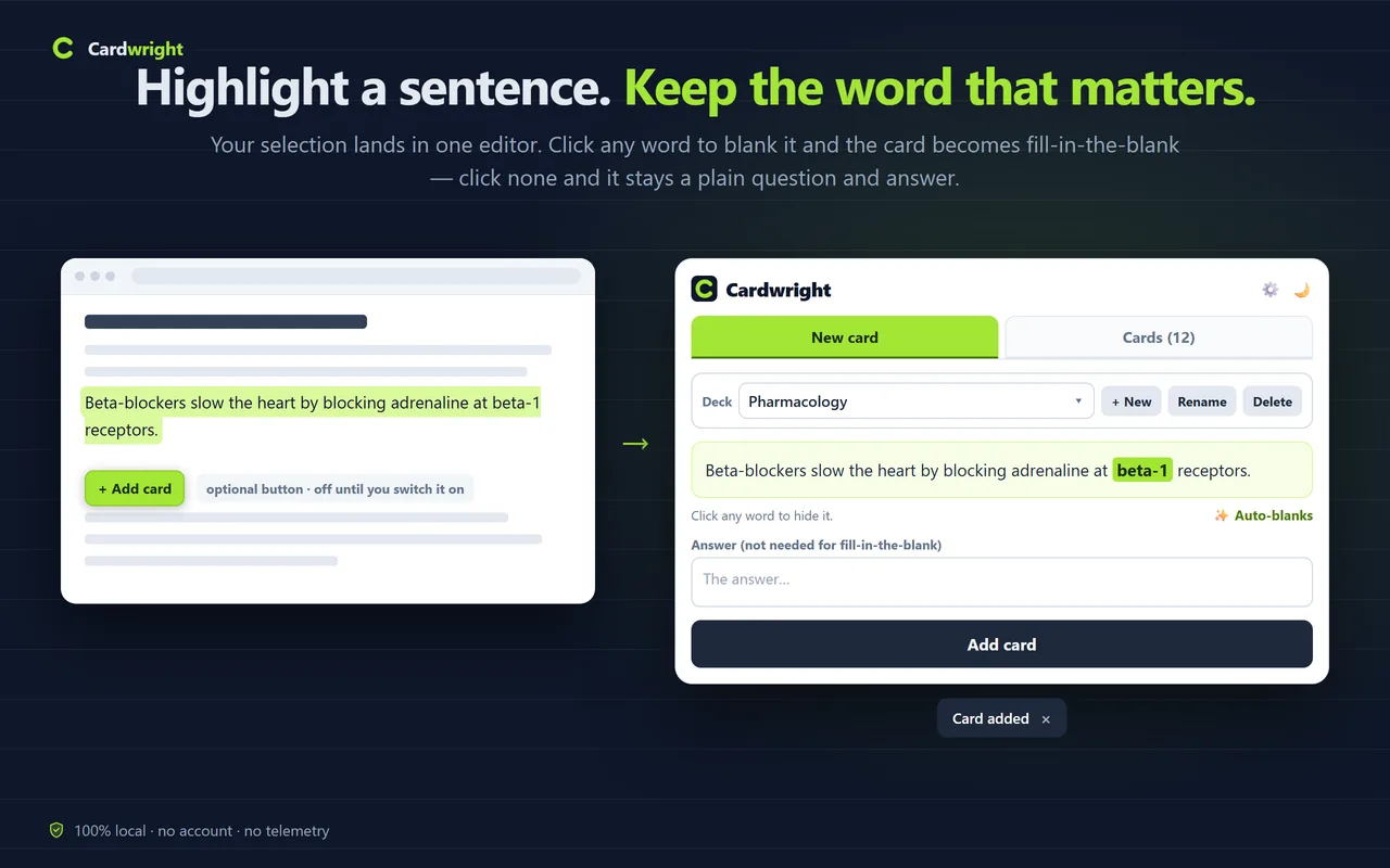 Cardwright: a sentence highlighted on a web page becomes a card in the popup editor, where clicking a word blanks it out