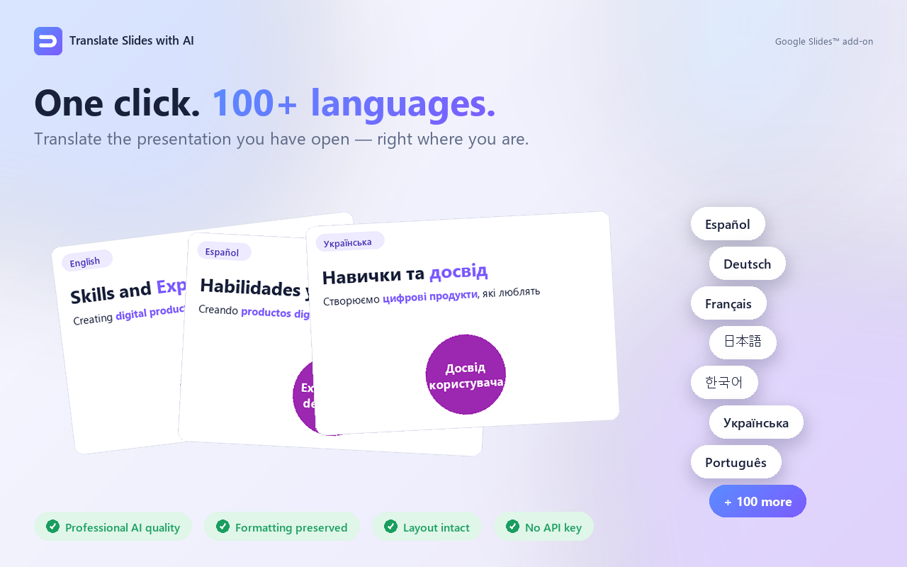 Translate Slides with AI — translate a Google Slides™ presentation into 100+ languages in one click